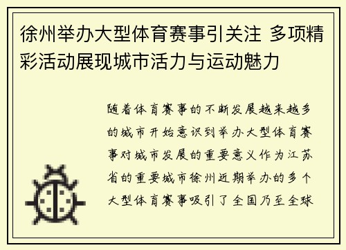 徐州举办大型体育赛事引关注 多项精彩活动展现城市活力与运动魅力